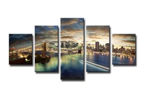 Schilderij - New York Brooklyn Bridge, Blauw, 160X80cm, 5luik