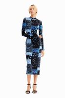 Geribde midi-jurk met bloemen - BLUE - XS