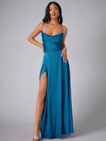 Bon&Bon Lilac Satin Bridesmaid Dress | Cowl Neck Maxi Gown with Split Teal Blue1 / S