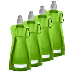 Waterfles/drinkfles opvouwbaar - 4x - lichtgroen - kunststof - 420 ml - schroefdop - karabijnhaak