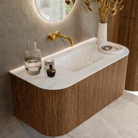 Mondiaz KURVE-DLUX 100 cm Onderkast Greeploos 1 Lade Met Deuren Walnut, Wastafel Solid Surface MIdden Opalo 0 Kraangaten Zonder Spiegel (KRVGRU100L+R1L2D0KM-Wal/Opa)