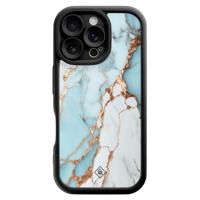 iPhone 16 Pro zwarte case - Marmer lichtblauw