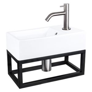 Differnz Force fonteinset - 40x22x11.5cm - Rechthoek - 1 kraangat - Gebogen matte chromen kraan - met zwart frame - Keramiek Wit 38.401.58