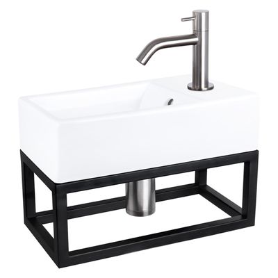 Differnz Force fonteinset - 40x22x11.5cm - Rechthoek - 1 kraangat - Gebogen matte chromen kraan - met zwart frame - Keramiek Wit 38.401.58