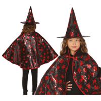 Heksen verkleed setje voor kinderen - hoed en cape - zwart/rood - Halloween/carnaval verkleed access - thumbnail