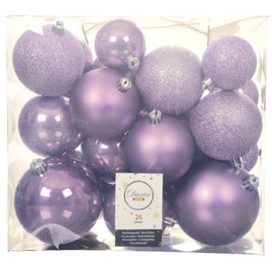 26x stuks kunststof kerstballen heide lila paars 6-8-10 cm glans/mat/glitter   -