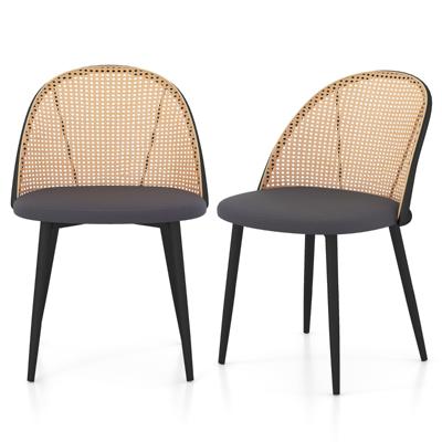 Eetkamerstoelen Set van 2 Landelijke Keukenstoelen Zonder Armleuningen Rotan Rugleuning Gestoffeerde Zitting Metalen Poten