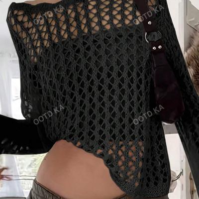 Women's Hollow Out Knitwear Sweater - Loose Boat Neck Pullover Black / S