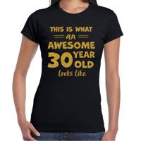 Verkleed T-shirt voor dames - leeftijd 30 jaar - awesome - zwart - glitter goud - Verjaardagsfeest
