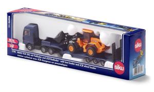 Siku MAN Vrachtwagen met dieplader en JCB-shovel 1:87 metaal/kunststof blauw/geel opklapbare oprijplaat beweegbare arm