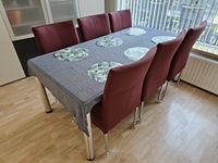 Set van 6 leren eetkamerstoelen - met wieltjes en hoge rug - rood leer - Echt leer, Modern, ontdek de vele Leersoorten en Kleuren bij ShopX
