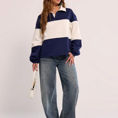 Bon&Bon Women's Striped Colorblock Collared Sport Jersey Sweatshirt Navy Blue / S