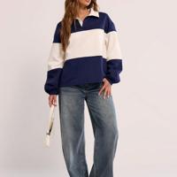 Bon&Bon Women's Striped Colorblock Collared Sport Jersey Sweatshirt Navy Blue / S