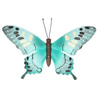 Turquoise blauw/zwarte metalen tuindecoratie vlinder 37 cm   -