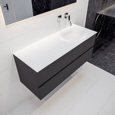 Mondiaz Vica Moon badmeubel antraciet mat 120 cm 4 lades solid surface enkele spoelbak rechts zonder kraangat