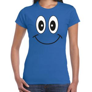 Verkleed T-shirt voor dames - smiley - blauw - carnaval - feestkleding