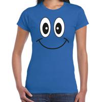 Verkleed T-shirt voor dames - smiley - blauw - carnaval - feestkleding - thumbnail