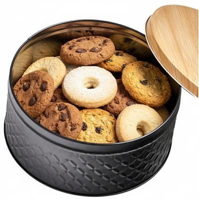 Koektrommel voorraadblik - zwart - 20 x 10 cm - 4 liter - bewaarblik met houtnerf look deksel