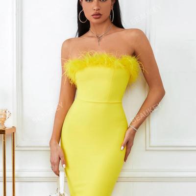 Red Strapless Bodycon Tube Dress with Faux Fur Trim - Knee Length Yellow / XS