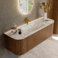 Mondiaz KURVE-DLUX 140 cm Onderkast Greeploos 1 Lade Met Deuren Walnut, Wastafel Solid Surface Midden Glace 1 Kraangat Zonder Spiegel (KRVBGS140L+R1L2D1KM-Wal/Gla)