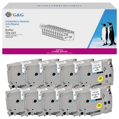 Labeltape Set van 10 stuks G&G 5T231-10TD Compatibel vervangt Brother TZe-231 Tapekleur: Wit Tekstkleur: Zwart 12 mm 8 m Labeltape Set van 10 stuks G&G 5T231-10TD Compatibel vervangt Brother TZe-231 Tapekleur: Wit Tekstkleur: Zwart 12 mm 8 m