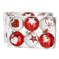 12x stuks gedecoreerde kerstballen rood en wit kunststof 6 cm