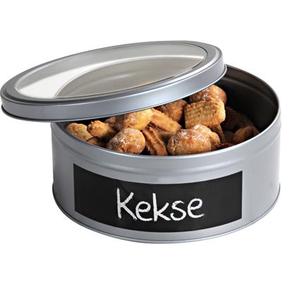 Kepser rond koekblik opbergblik/bewaarblik met krijtbord - Zilveren voorraadblik/koekblik