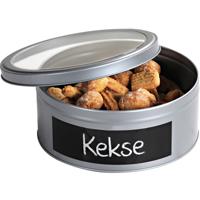 Kepser rond koekblik opbergblik/bewaarblik met krijtbord - Zilveren voorraadblik/koekblik