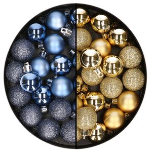 40x stuks kleine kunststof kerstballen donkerblauw en goud 3 cm - Kerstbal