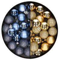 40x stuks kleine kunststof kerstballen donkerblauw en goud 3 cm - Kerstbal - thumbnail
