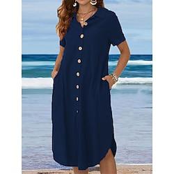 Dames Shirtjurk Casual jurk Katoenen zomerjurk Halflange jurk Linnen nappi Zak Basic Dagelijks Overhemdkraag Korte mouw Zomer Lente Zwart Wit Effen Lightinthebox