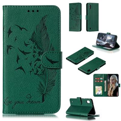 Feather patroon Litchi textuur horizontale Flip lederen draagtas met portemonnee & houder & kaartsleuven voor Galaxy A10 (groen)