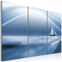 Schilderij - Zeilen tussen de Wolken, Blauw/Wit, 3luik , wanddecoratie , premium print op canvas