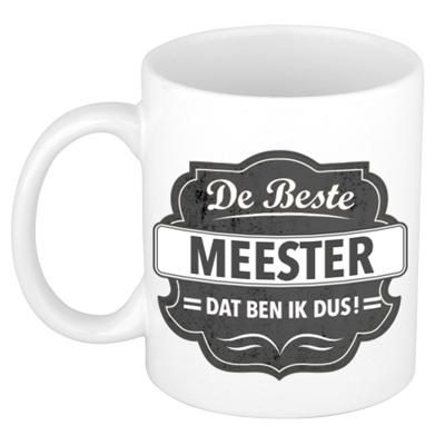 Bellatio Decorations De beste meester koffiemok - cadeau beker - wit - grijs embleem - 300 ml