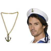 Carnaval verkleed Matrozen hoedje - wit - met gouden anker ketting - volwassenen - thumbnail