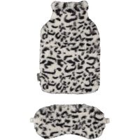 Superzachte fluffy cheetah/luipaard print warmwaterkruik en slaapmasker cadeau set wit - Kruiken