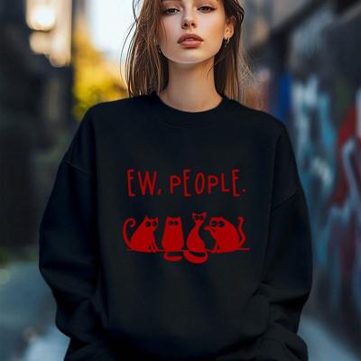 Women's Evil Cat Print Sweatshirt - Loose Crew Neck Pullover Black / XL