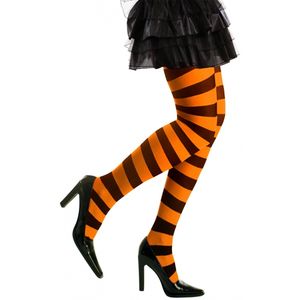 Feest/party gestreepte heksen panty maillot zwart/oranje voor dames M/L M  -