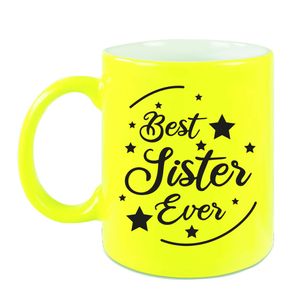 Best Sister Ever cadeau mok / beker neon geel 330 ml - verjaardag / bedankje - kado zus/ zusje - feest mokken