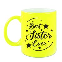 Best Sister Ever cadeau mok / beker neon geel 330 ml - verjaardag / bedankje - kado zus/ zusje - feest mokken - thumbnail