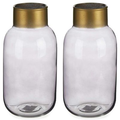 Bloemenvazen 2x stuks - luxe decoratie glas - grijs/goud - 14 x 30 cm