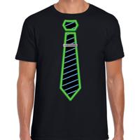 Verkleed T-shirt voor heren - neon stropdas - zwart - foute party - carnaval/themafeest - thumbnail