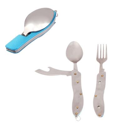 4-in-1 RVS reizen / Camping op bestekset vouwen lepel + vork + mes + fles Opener Set(Blue)