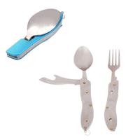 4-in-1 RVS reizen / Camping op bestekset vouwen lepel + vork + mes + fles Opener Set(Blue)
