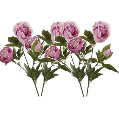 Kunstbloem pioenrozen tak - 4x - 3 bloemen - roze - 70 cm - decoratie