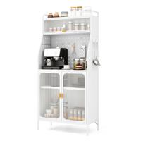 Keuken Opbergkast met Geperforeerd Paneel Transparante Deuren Verstelbare Plank 8 Haken 1 Hangmand 5-Vaks Magnetronsteun Wit