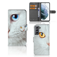 Samsung Galaxy S21 FE Telefoonhoesje met Pasjes Witte Kat - thumbnail