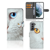 Samsung Galaxy S21 FE Telefoonhoesje met Pasjes Witte Kat