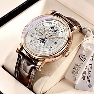 LIGE Heren mechanische horloges Grote wijzerplaat Modieus Zakelijk Polshorloge Tourbillon Weergave maanfase Kalender Chronograaf Lederen Band Horloge miniinthebox