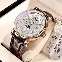 LIGE Heren mechanische horloges Grote wijzerplaat Modieus Zakelijk Polshorloge Tourbillon Weergave maanfase Kalender Chronograaf Lederen Band Horloge miniinthebox